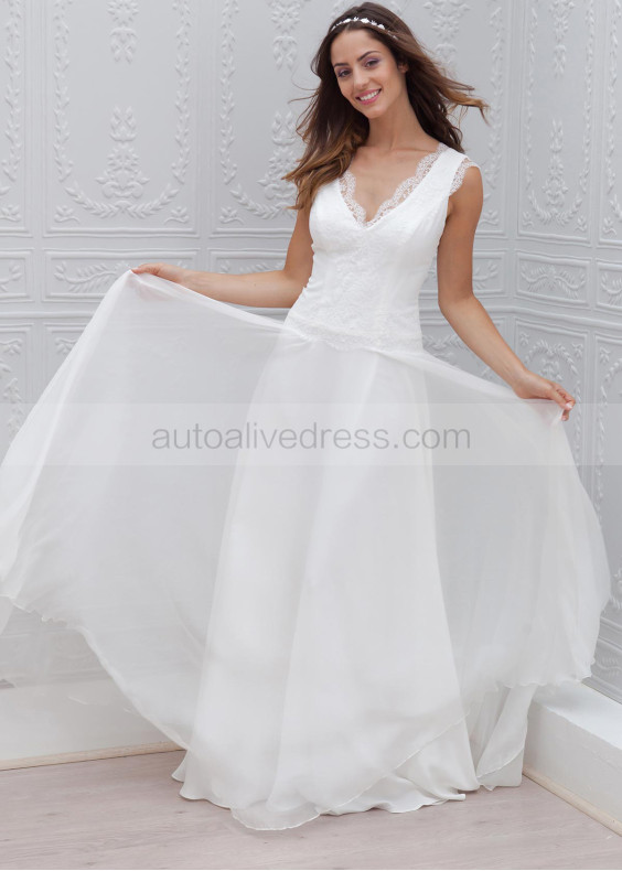 Ivory Eyelash Lace Chiffon V Neckline Floor Length Wedding Dress